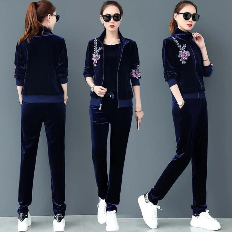 Women Velvet Tracksuits 2021 Print Hooded Jacket+Trousers Three Sets Gold Sportswear Suit Plus Size 4XL Female Pants Set |