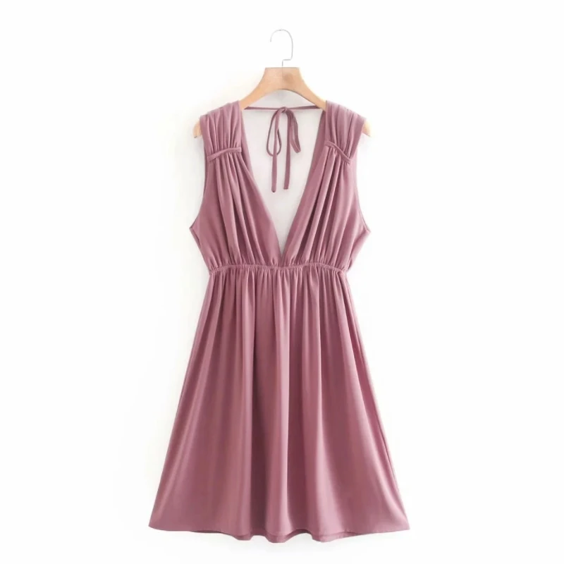 

Summer Women Deep V Neck Pleating Decoration Mini Vest Dress Female Sleeveless Clothes Casual Lady Loose Vestido D7707