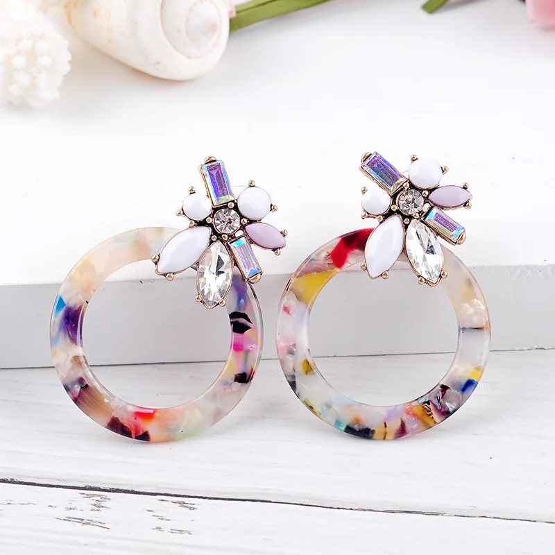 Простые геометрические круглые акриловые пластины с кристаллами серьги женские
