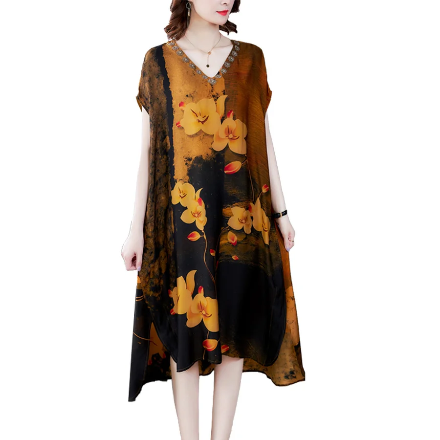 

2021 Printed Mulberry Silk Loose Beach Midi Dresses Summer Vintage Classy 4XL Plus Size Sundress Female Bodycon Party Vestidos