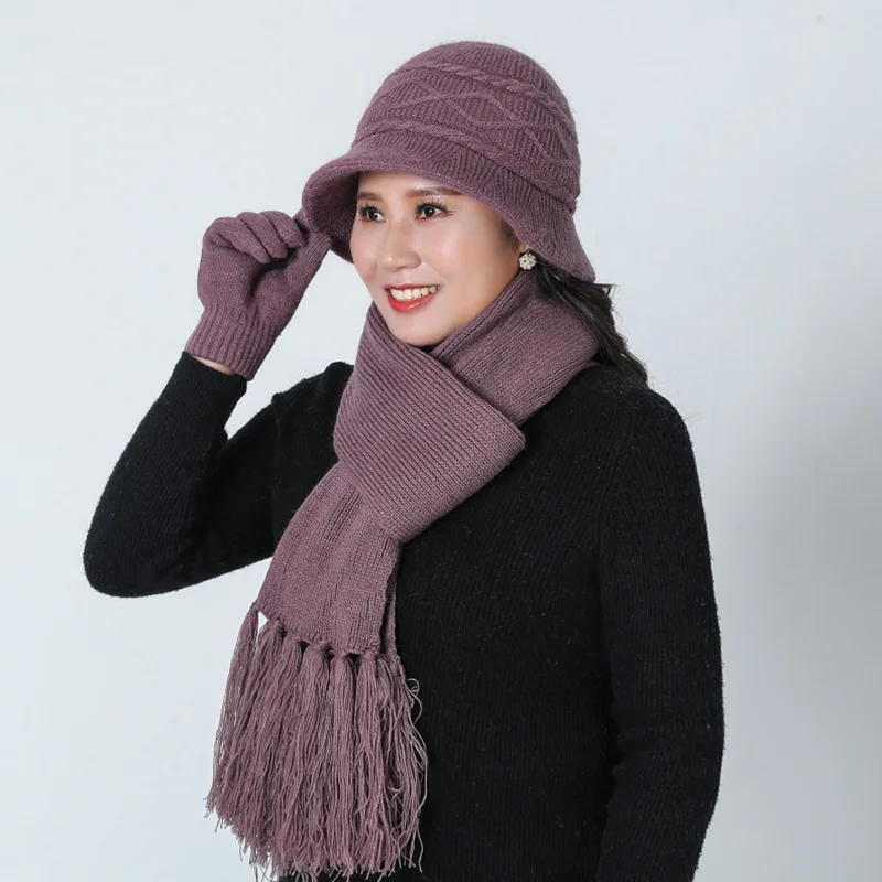 Новинка женская вязаная шапка SUOGRY набор из однотонного шарфа и перчаток шапки