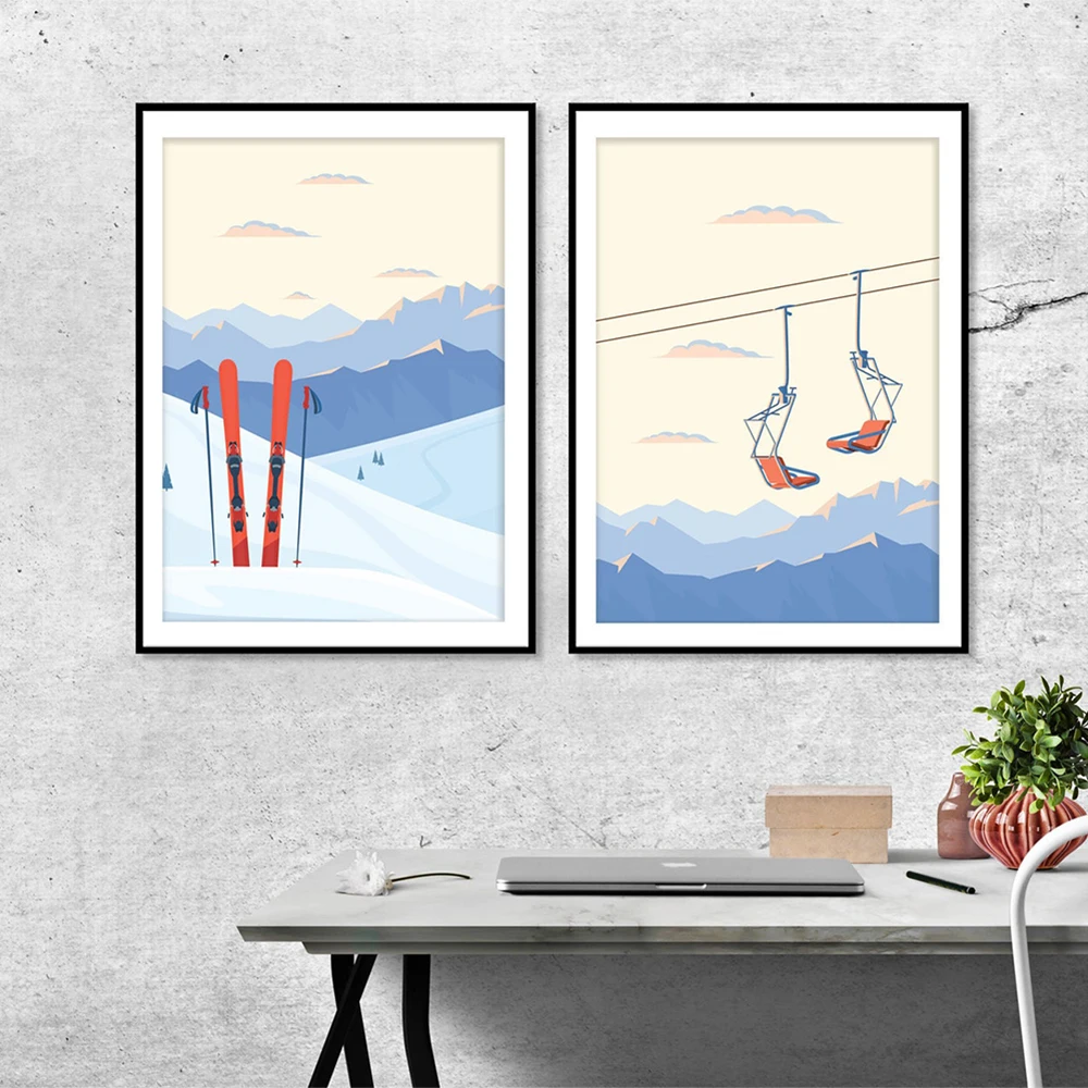 

Winter Sports Skiing Art Canvas Painting Vintage Travel Poster and Print Ski In Snow Mountain Painting Winter Home Decor