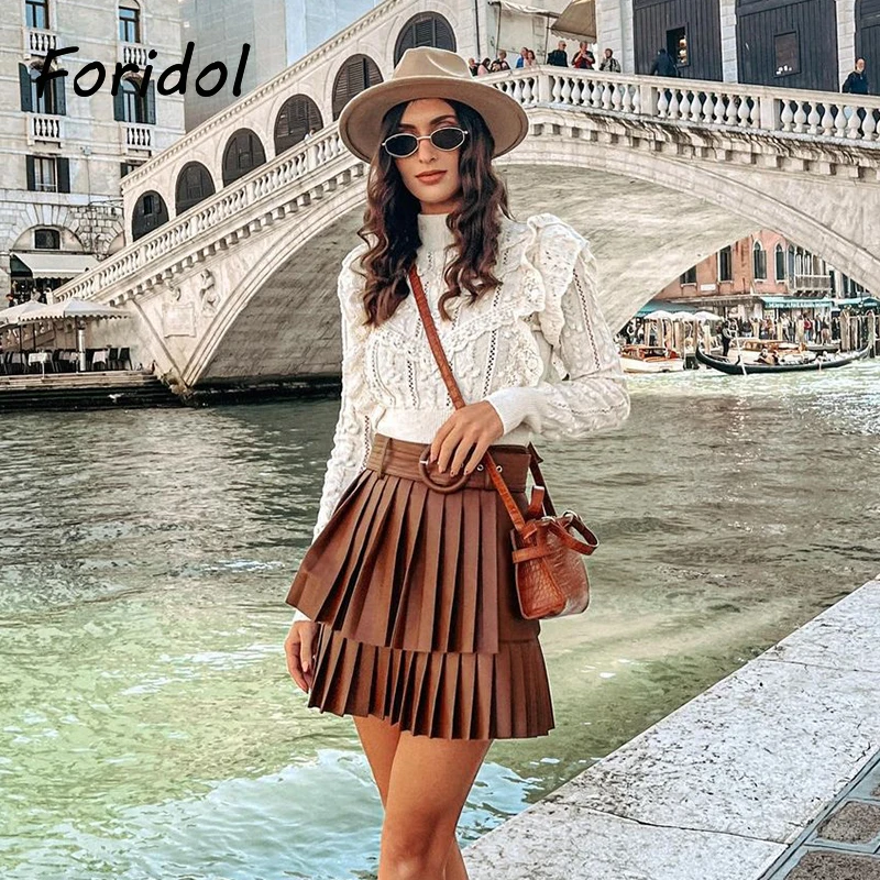 

Foridol Faux Leather PU Pleated Skirt Women Khaki Sash Elegant Office High Waist Mini Skirt Bottoms Autumn Winter Ladies Skirts