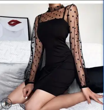 

New Arrival Fashion Women Dresses Dotted Sleeves Round Neck Hollow See-Through Mesh Sexy Dress Skirt Women One Piece Dress