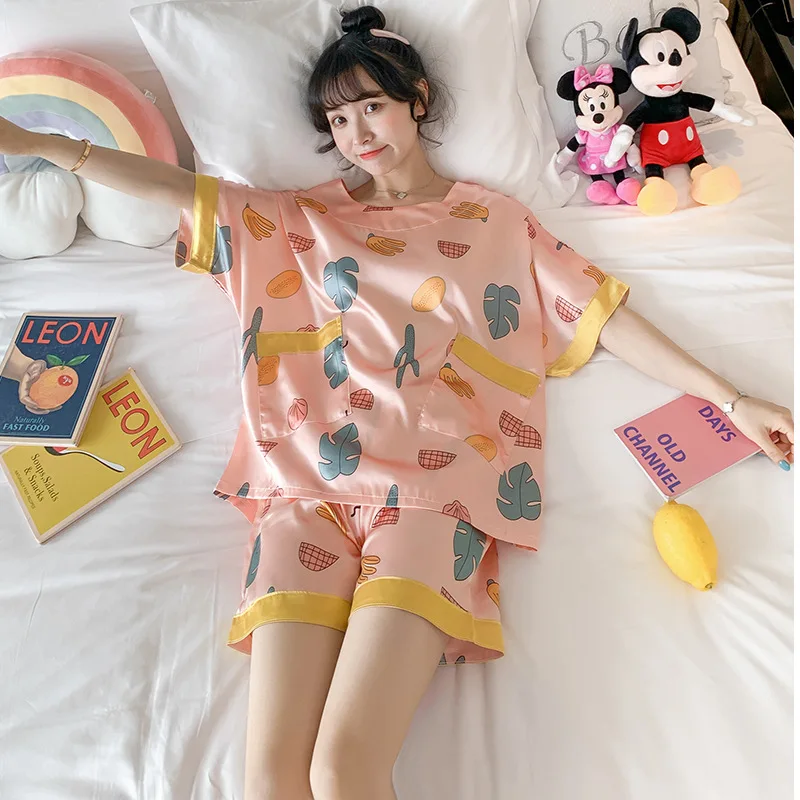 

Pajamas Women's Summer Viscose Fiber Thin Sexy Cute Silk Short-Sleeved Large Pullover Two Piece Suit Womens Pajama Set
