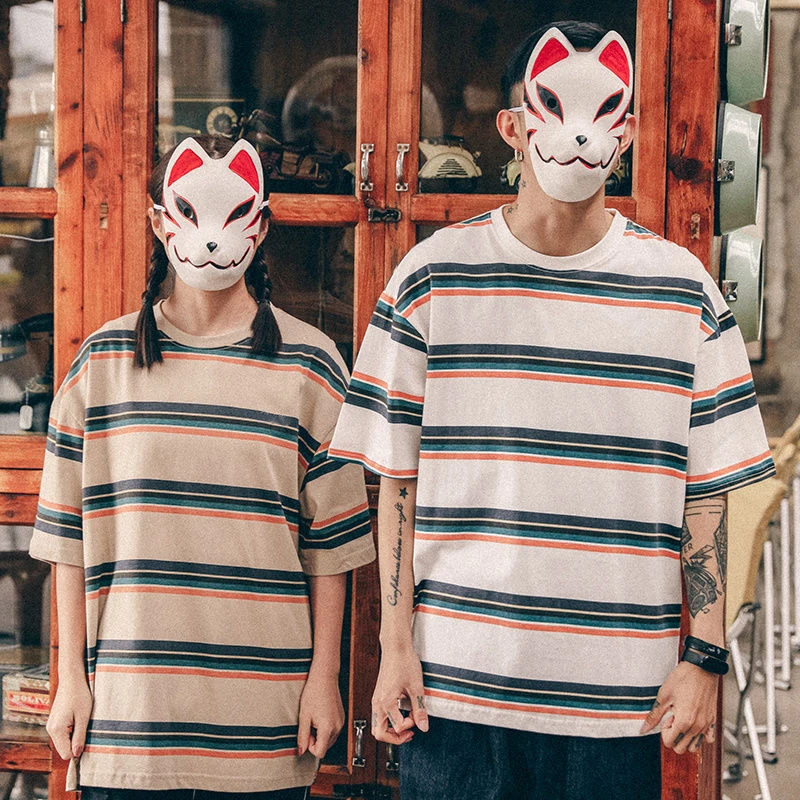 

Summer Japanese Pinstripe Men Tshirts O Neck Short Sleeve Vintage Chic Fashion Harajuku Clothing Punk Couple Unisex Top Quality