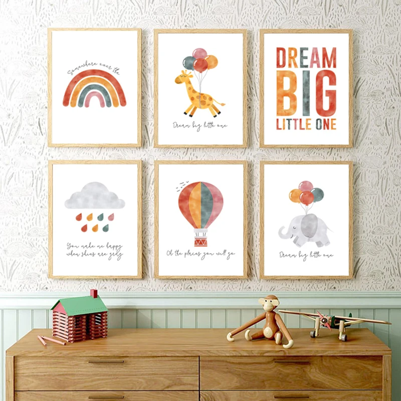 Постер для детской комнаты Dream Big Little One с изображением радужных темных облаков и
