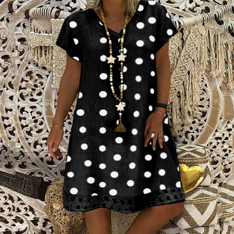 

Summer Dress 2021 Women Fashion Short Sleeve V-neck Dot Print A-line Mini Dresses Hollow Holidayclub Streetwear Vestido De Mujer