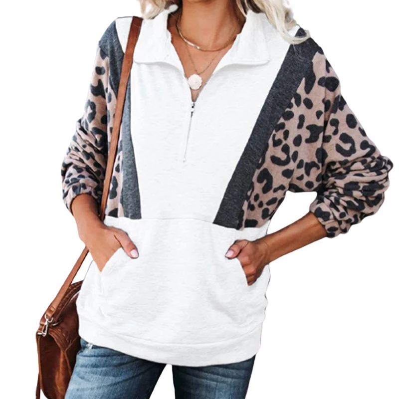 

Осенне-зимняя одежда с лацканами Женский свитшот в стиле пэчворк топ с леопардовым принтом Повседневный пуловер на молнии с длинными рукавами теплая