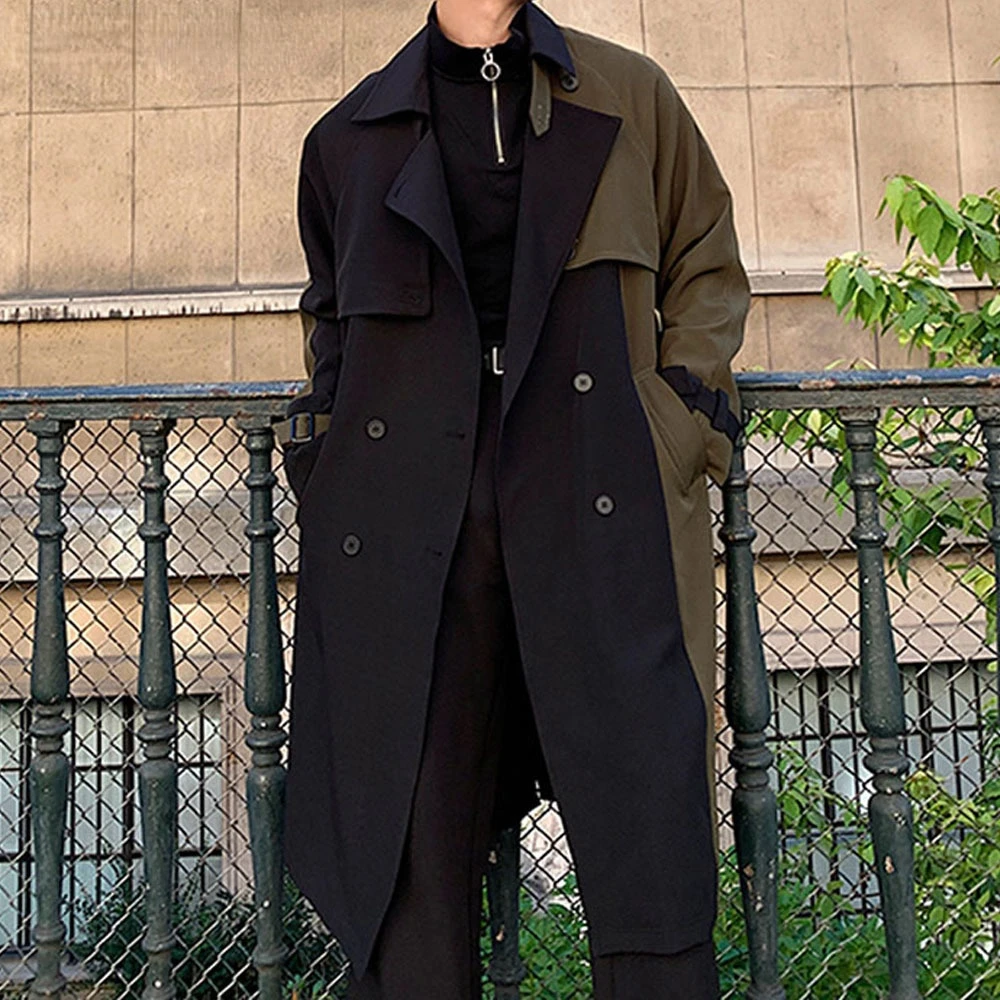 

Men Autumn Winter Streetwear 2021 Chic Hip Hop Windbreaker Overcoat Jacket Splice Sashes Loose Casual Long Trench Coat Male