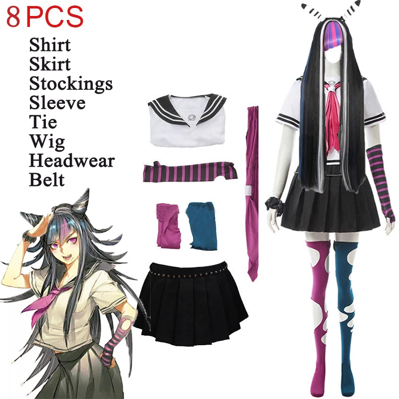 

Women 8PCS Ibuki Mioda Cosplay Custome Dangan Ronpa 2 Cosplay Goodbye Despair Shirt Dress Wig School Girl JK Uniform Halloween