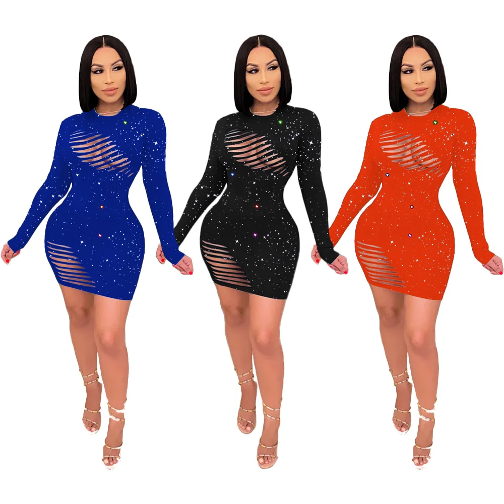 

Sexy Hollow Out Round Neck Solid Color Long Sleeve Dress Summer Clothes for Women 2021 Fashion Mini Bodycon Clubwear