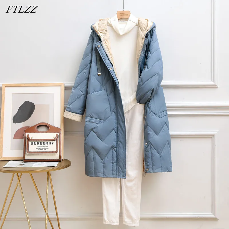 

FTLZZ Winter Long Coat Women Knitting Splicing Hooded Feather Jacket White Duck Down Parker Casual Loose Warm Frivolous Outwear