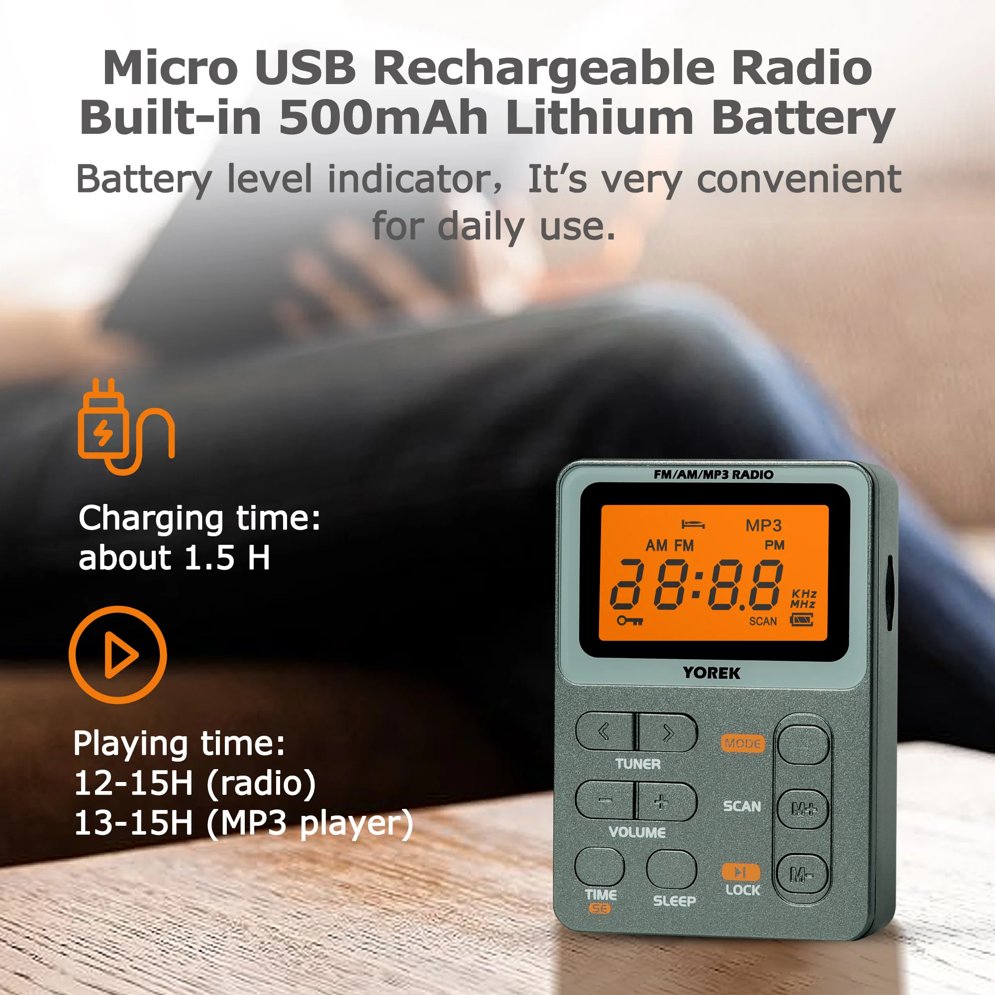 

2021 NEW Yorek Mini Pocket AM/FM Radio, Best Reception, Rechargeable Portable Radio with Earphone, MP3 Player Support TF Card