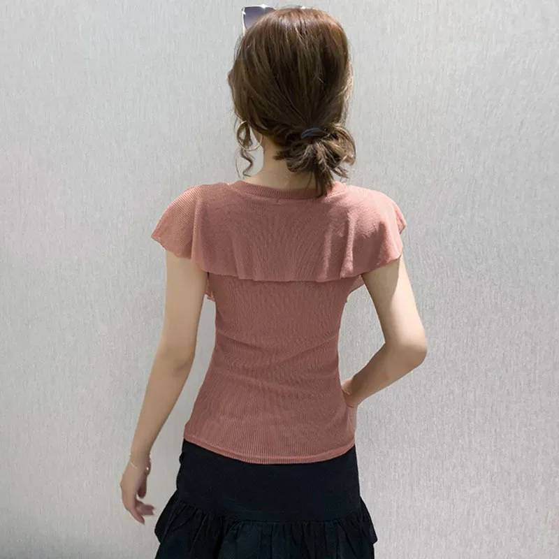 

European 2021 Summer Clothes T-shirt Sexy V-Neck Hollow Out Beading Ruffles Women Tops Ropa Mujer Vintage Ruffle Sleeve Tees