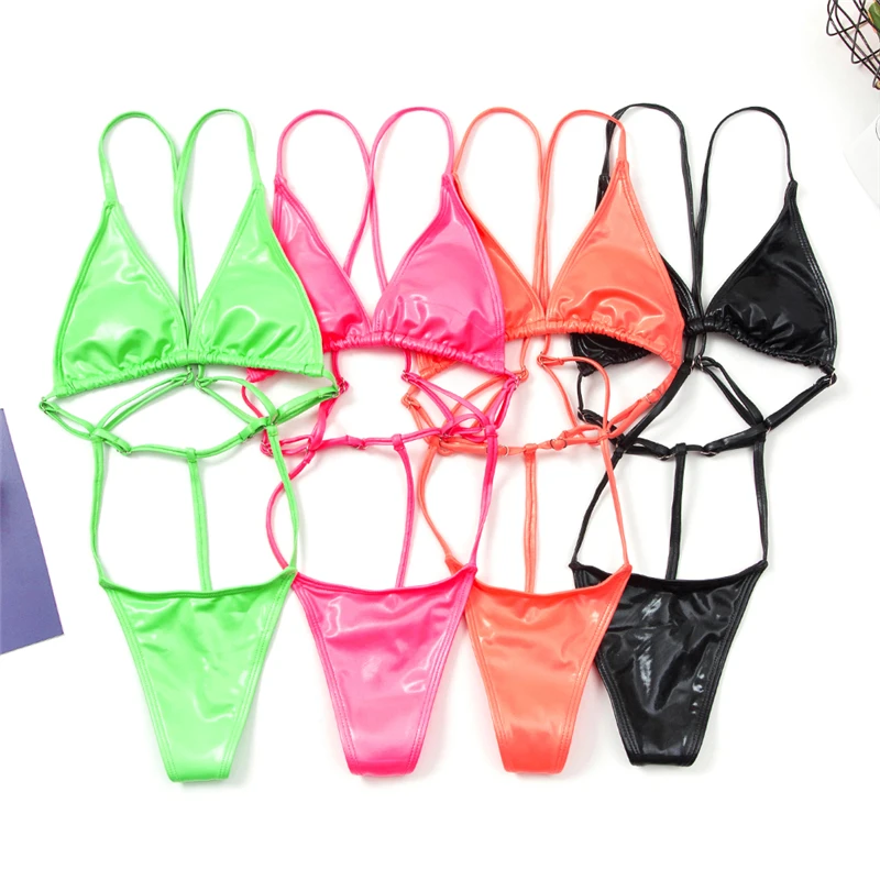 Сексуальный купальник из искусственной кожи для женщин сплошной цвет пляжная