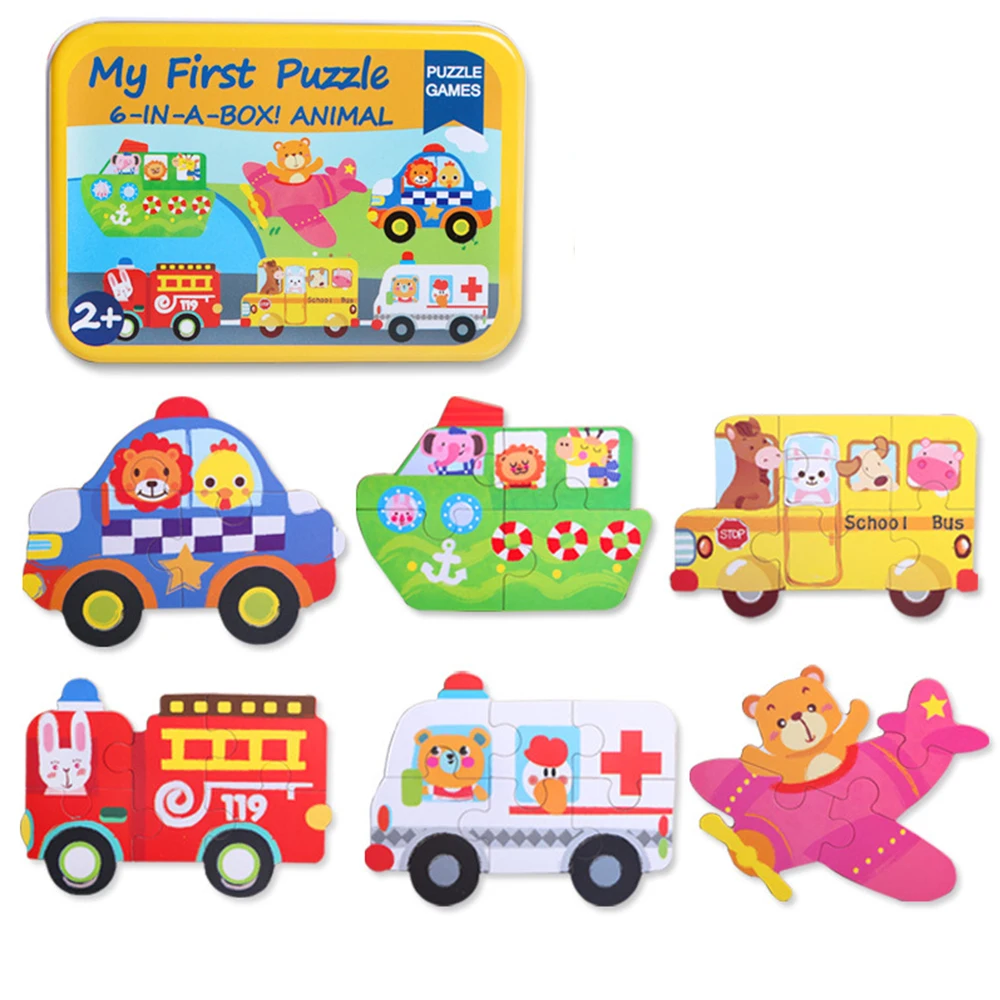Big Size Flake Baby Wooden Puzzle Toy Early Education Cartoon Animal Fruit Cognition Card Jigsaw Set Metal Box For Children Gift | Игрушки и