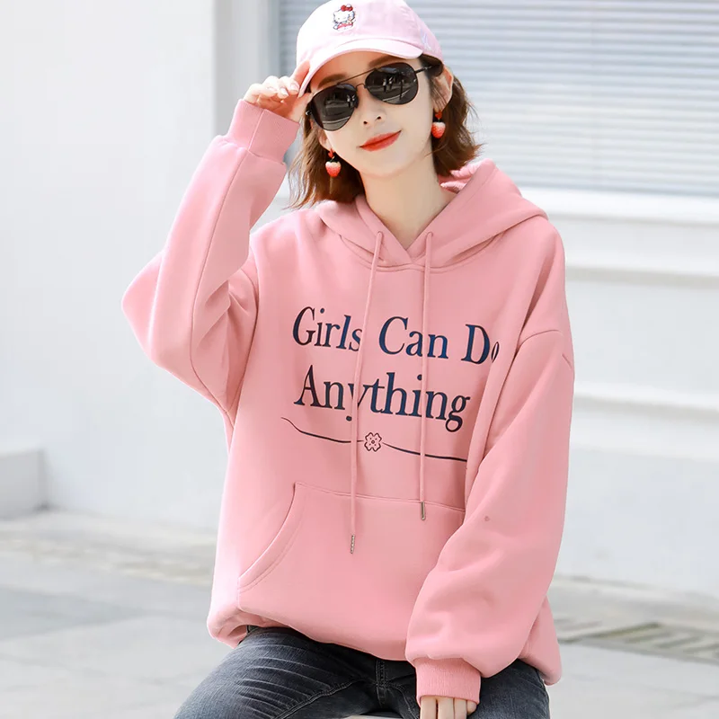 

Women Sweatshirt New Autumn 2021 Casual Pullover Hood Print Letter Loose Cotton Sweatshirt Tops Outerwear
