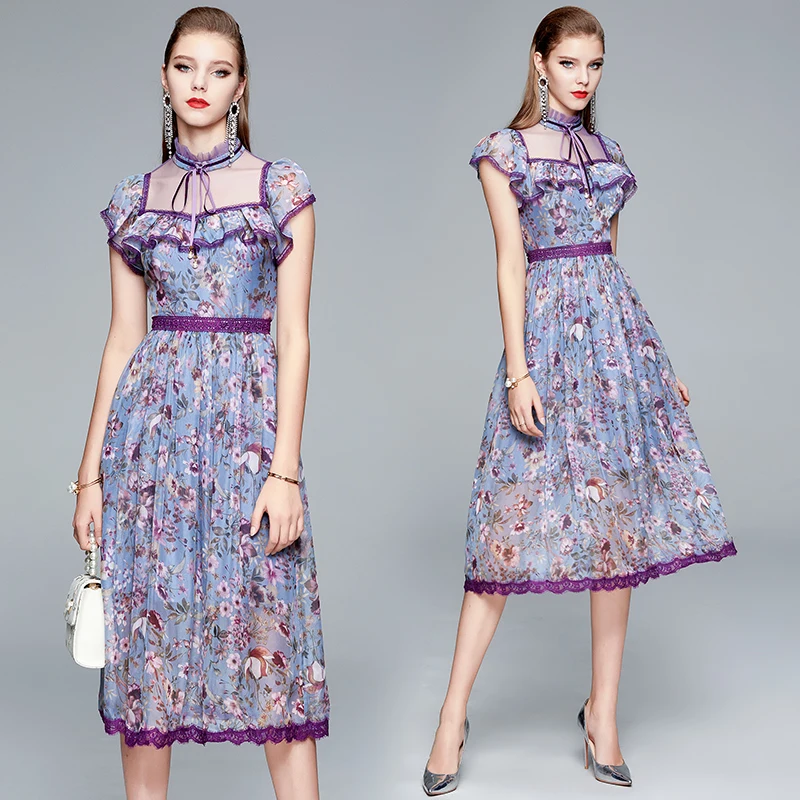 

6664 - scene shooting 2021 nets yarn splicing floral dress tall waist temperament show thin minus age new summer dresses