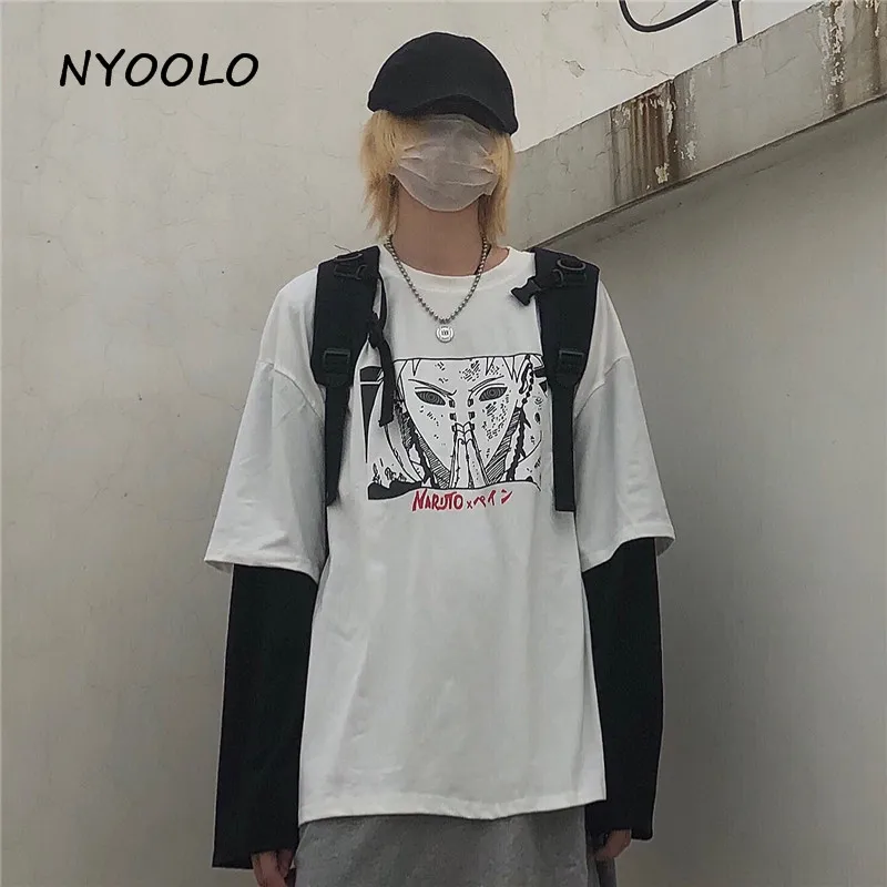 NYOOLO Harajuku Винтаж мультфильм Наруто печати поддельные 2 шт. Лоскутное Топ осень уличная одежда с длинным рукавом Футболка женская мужская одежда