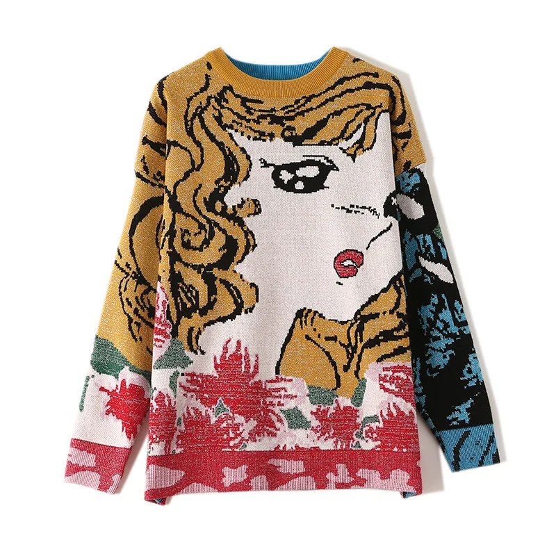 

Осенний элегантный свитер, Женский подиумный роскошный дизайн, красивые монстры, Забавный мультяшный узор, Свободные теплые вязаные женски...