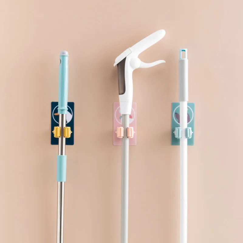 

1PCS cartoon free punch mop hook bathroom mop holder broom storage sticky hook strong self-adhesive mop clip holder