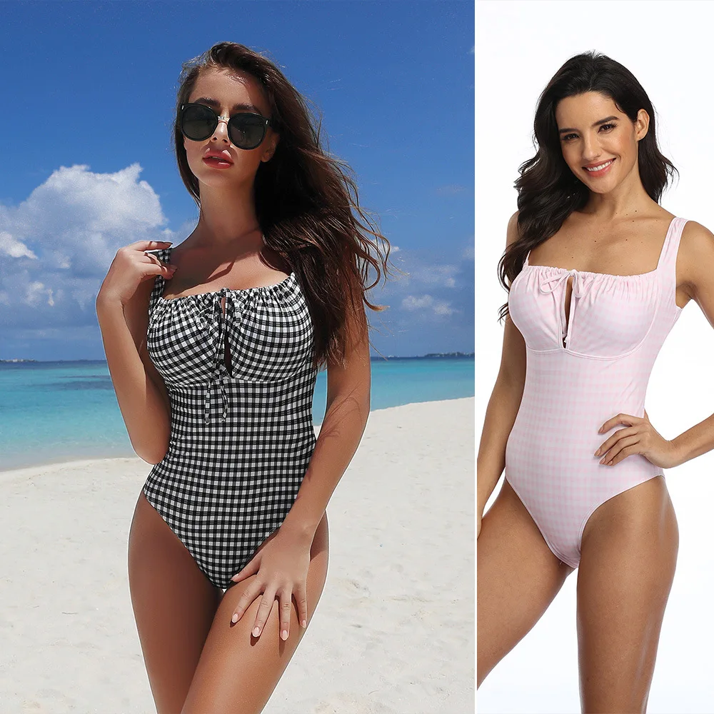 

High quality sexy bikini swimsuit plaid print swimsuit girl beachwear conservative swimwear women