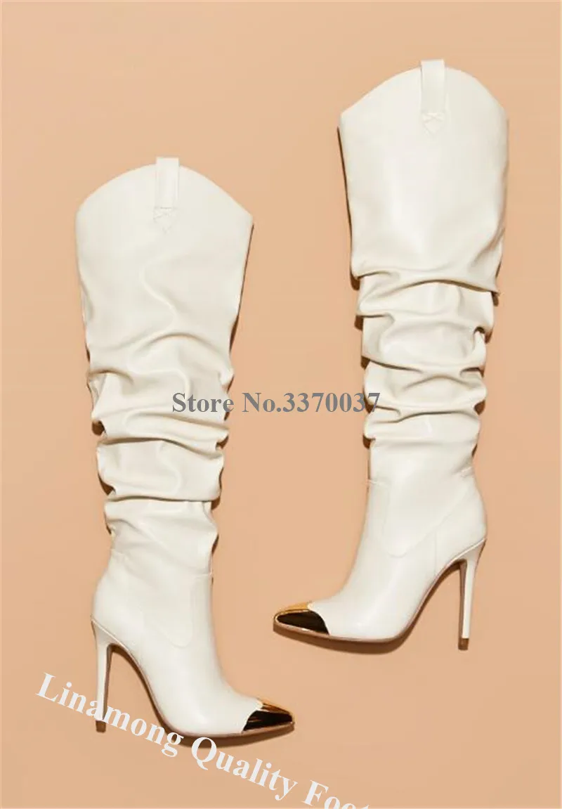 Женские брендовые ботфорты остроконечный металлический носок высокий каблук