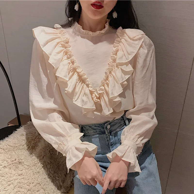 Женская блузка с оборками винтажная шифоновая длинным рукавом и воротником