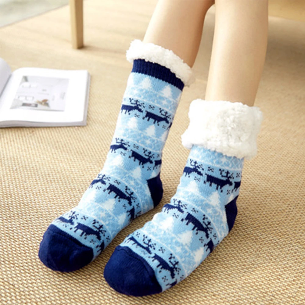 

Winter Women Slipper Velvet Home Socks Christmas Cartoon Elk Print Plush Floor Socks Fuzzy Anti-Slip Socks