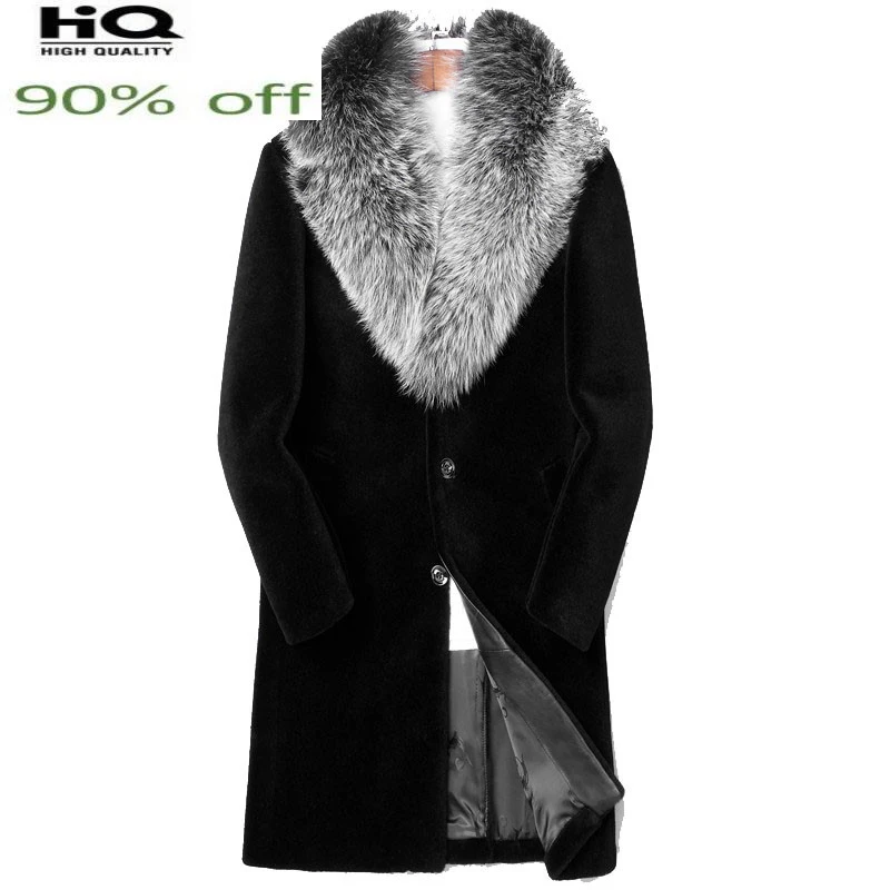 

TcyeekReal Sheep Shearling Fur Coat Winter Jacket Men 100%Wool Coat Fox Fur Collar Long Coat Men Plus Size LSY088333 MY1130