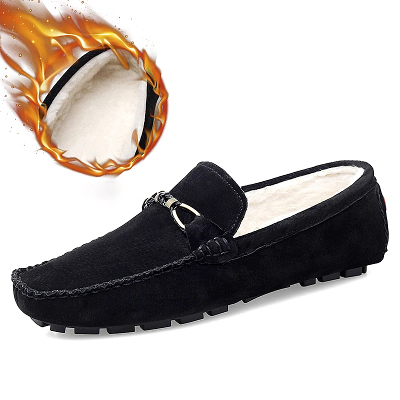 Мужские замшевые мокасины с меховой подкладкой без застежки | Обувь