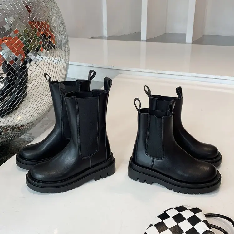 

2021 new pu leather med heels leisure bottom round toe plus size slip on high street fashion all-match ankle boots L15