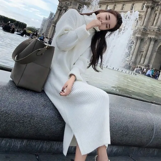 

Korean Sweater Dress Women KnittedPlus Size Split Turtleneck Sweaters Dresses OL Sweaters Dresses Women Over-knee Sweater Dress