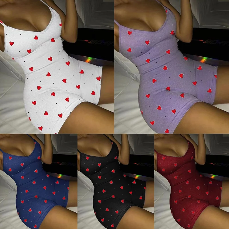 

Summer Women Fashion V-neck Sleeveless Jumpsuit Heart-shaped Print Short Jumpsuit Sexy Suspender Bodysuit Rompers