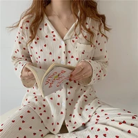 women sleepwear cotton red heart print pijama long sleeve autumn pajamas female set pyjamas gauze home clothes trousers l733