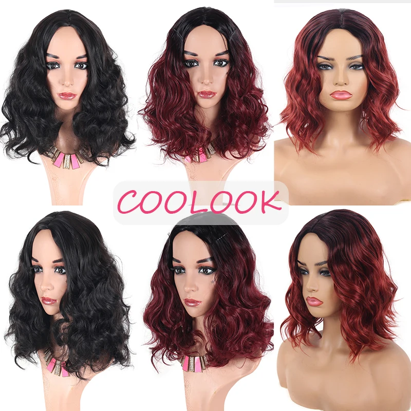 

16''long Wavy Hair Wig for Afro Women Ombre Red Natural Wave Wig Middle Part Heat Resistant Synthetic Fibre Fake Hair Lolita Wig