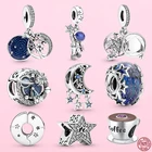 Лидер продаж, шармы из стерлингового серебра 925 пробы в виде астронавта, Луны и звезды, подходят для изготовления оригинальных браслетов Pandora, модные украшения сделай сам для женщин