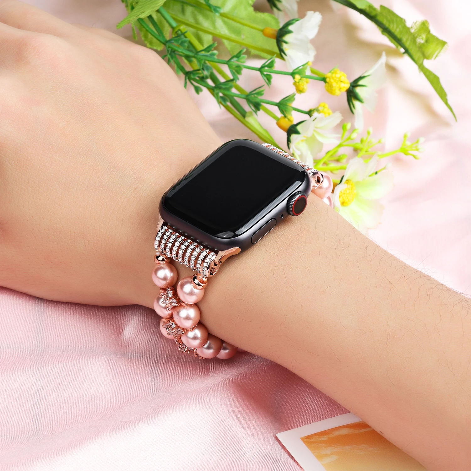 Pearl watchband for Apple Watch Band 38mm 40mm 42mm 44mm Girl Iwatch Series 6 5 4 3 2 SE Elastic Stretch strap Jewelry Wristband