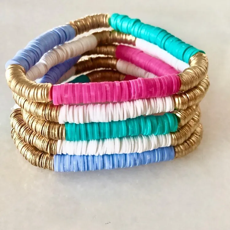 

10Pcs 8mm Gold Copper Sheets Black White Color Polymer Clay Disc Heishi Beads Elastic Stretch Bracelet Women Summer Boho Jewelry