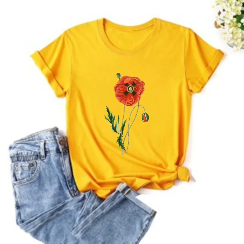 

100%Cotton Women's t-shirt Flowers graphic tee shirt vintage Summer Woman T-shirts Plus Size Short Sleeve O-Neck Tops women 2021