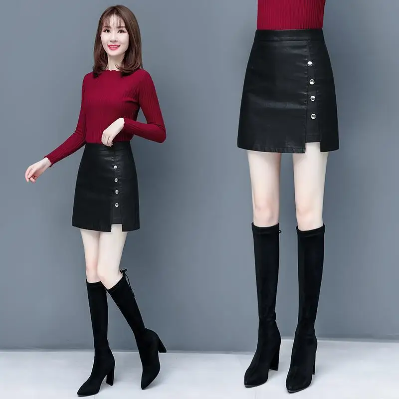 

Leather skirt women's 2021 new high waist autumn and winter skirt A-line skirt shows thin PU leather short skirt with hip size