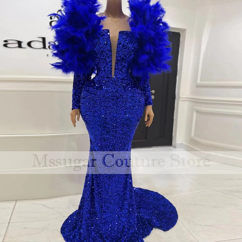 

2021 Stunning Feathers Mermaid Evening Dress Sequined African Plus Size Formal Dresses robe de soirée femme
