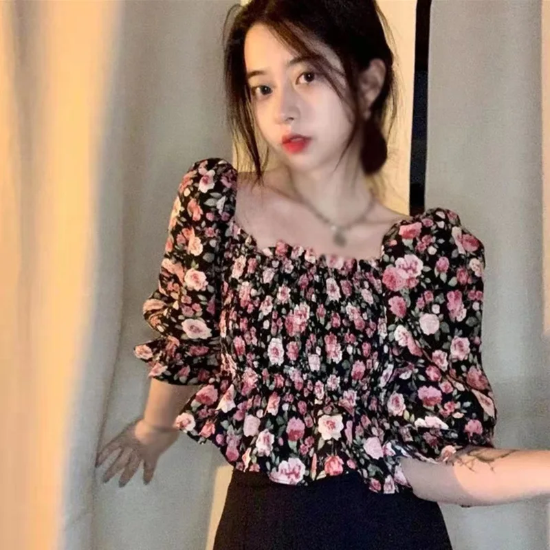 

ETOSELL Женская блузка с открытыми плечами с цветочным принтом