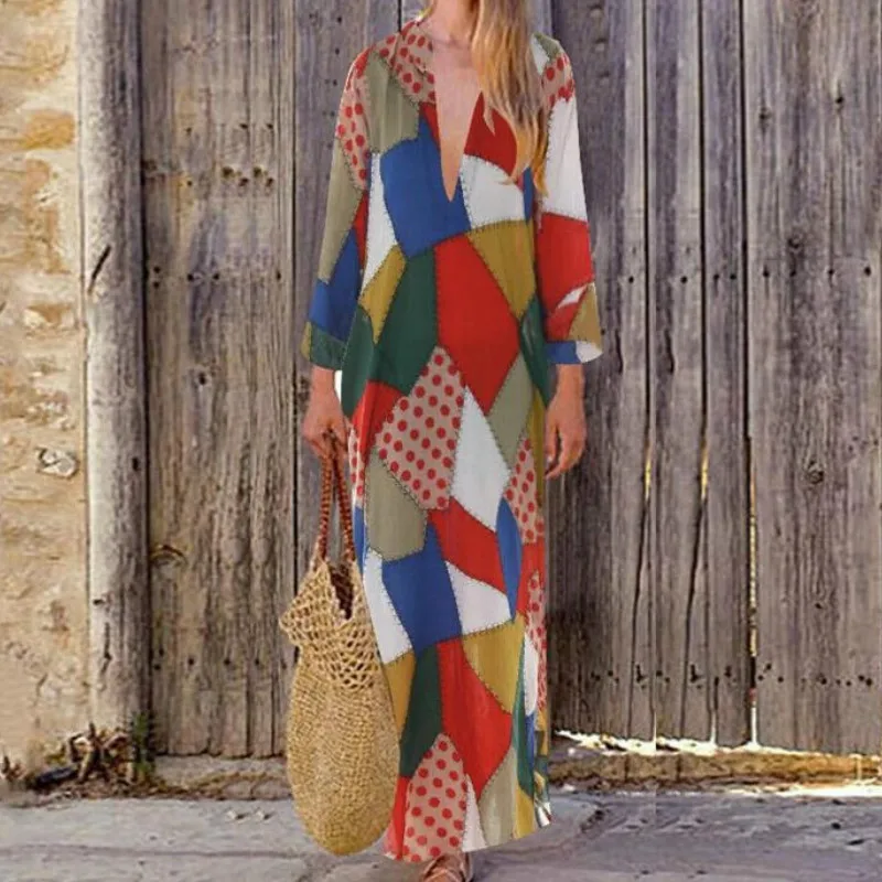 Женское осеннее льняное мешковатое цыганское кафтановое праздничное Макси