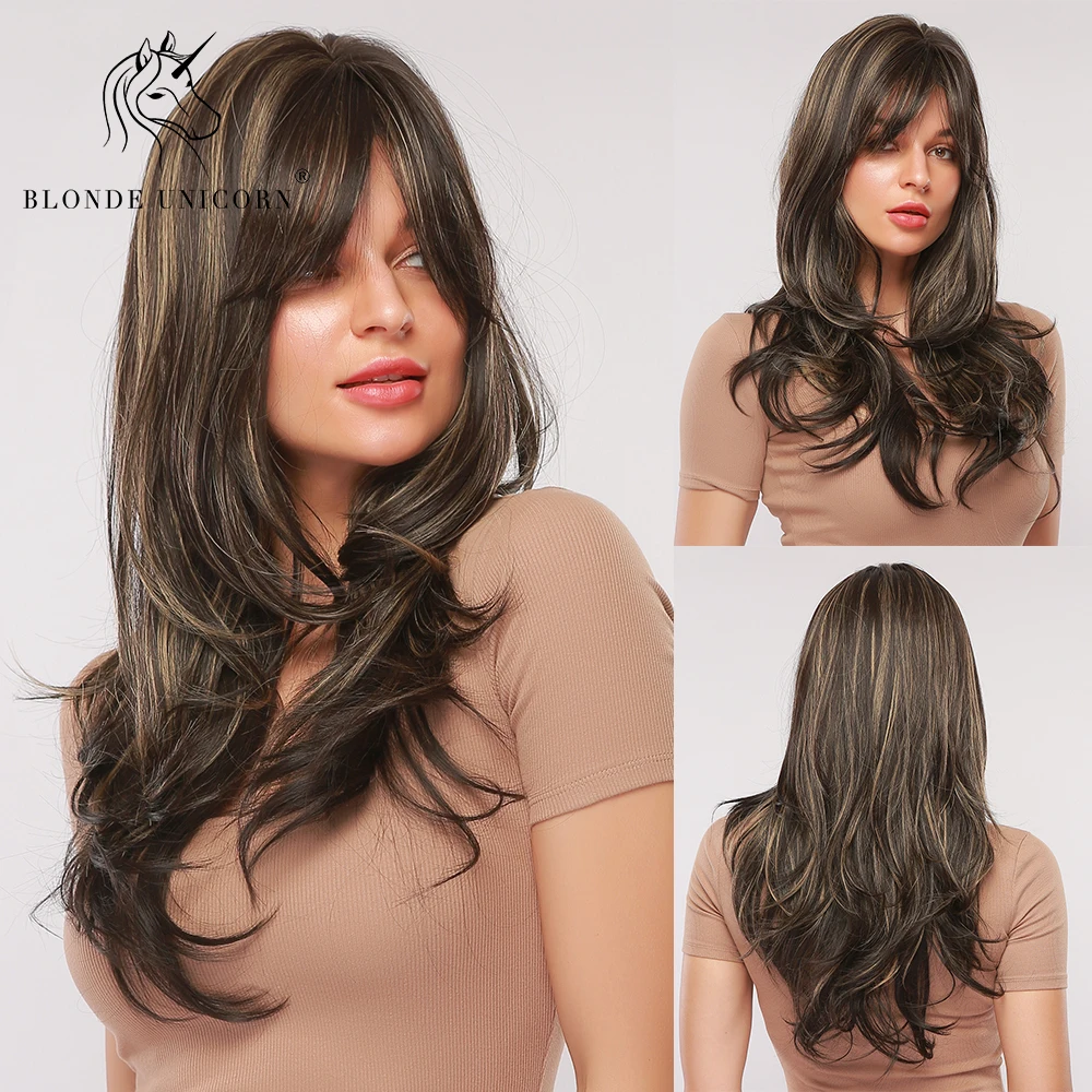 

Blonde Unicorn Long Wavy Synthetic Wigs with Bangs Black Brown Golden Highlight For Black White Women Heat Resistant Daily Hair