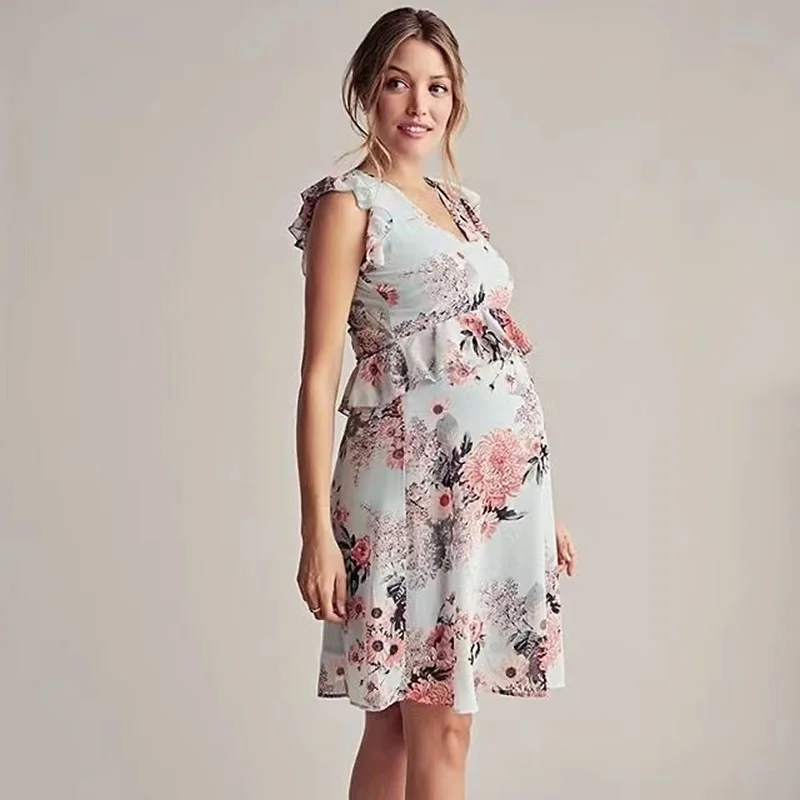 

2021 Summer New Maternity Dress Flower Print Round Neck Flying Sleeve Ladies Fashion Pregnant Dress PW19