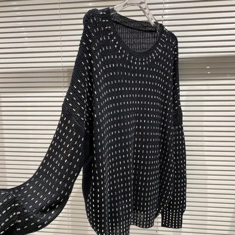 

2021 Spring Autumn Women's Knitted Shirt New Vertical Rhinestone Round Neck Loose Long Sleeve Knitted Sweater Pullover Top