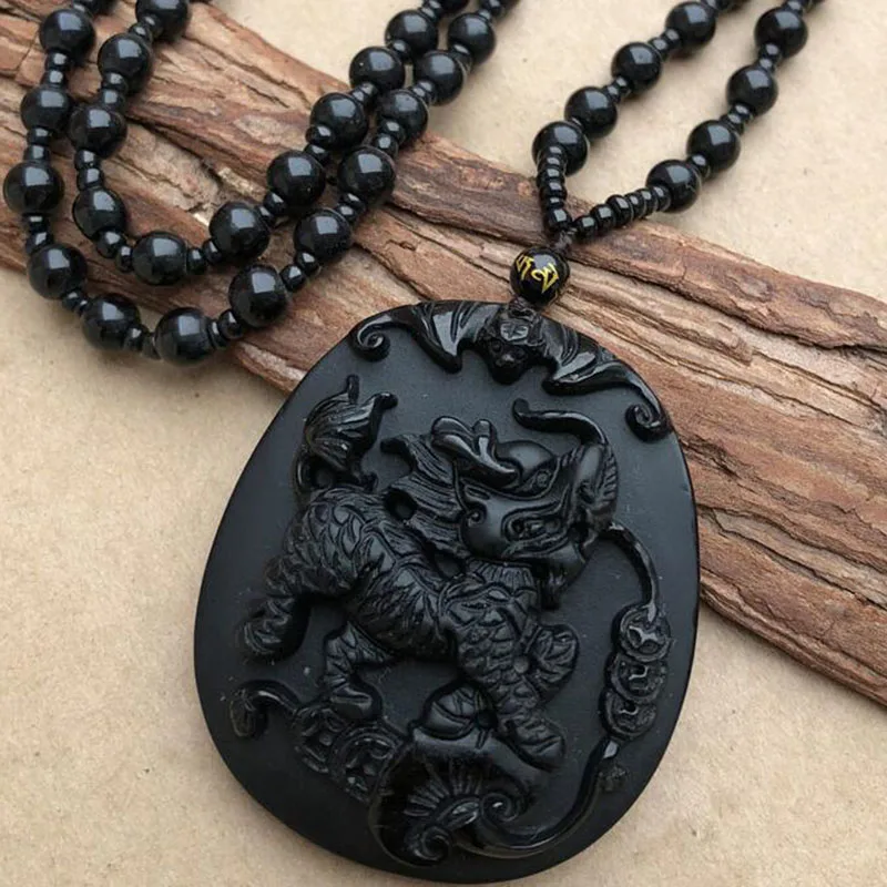 

100% Natural Black Obsidian Kirin Pendant Necklace with high quality jewelry accessories for men and women Wangcai Shield to