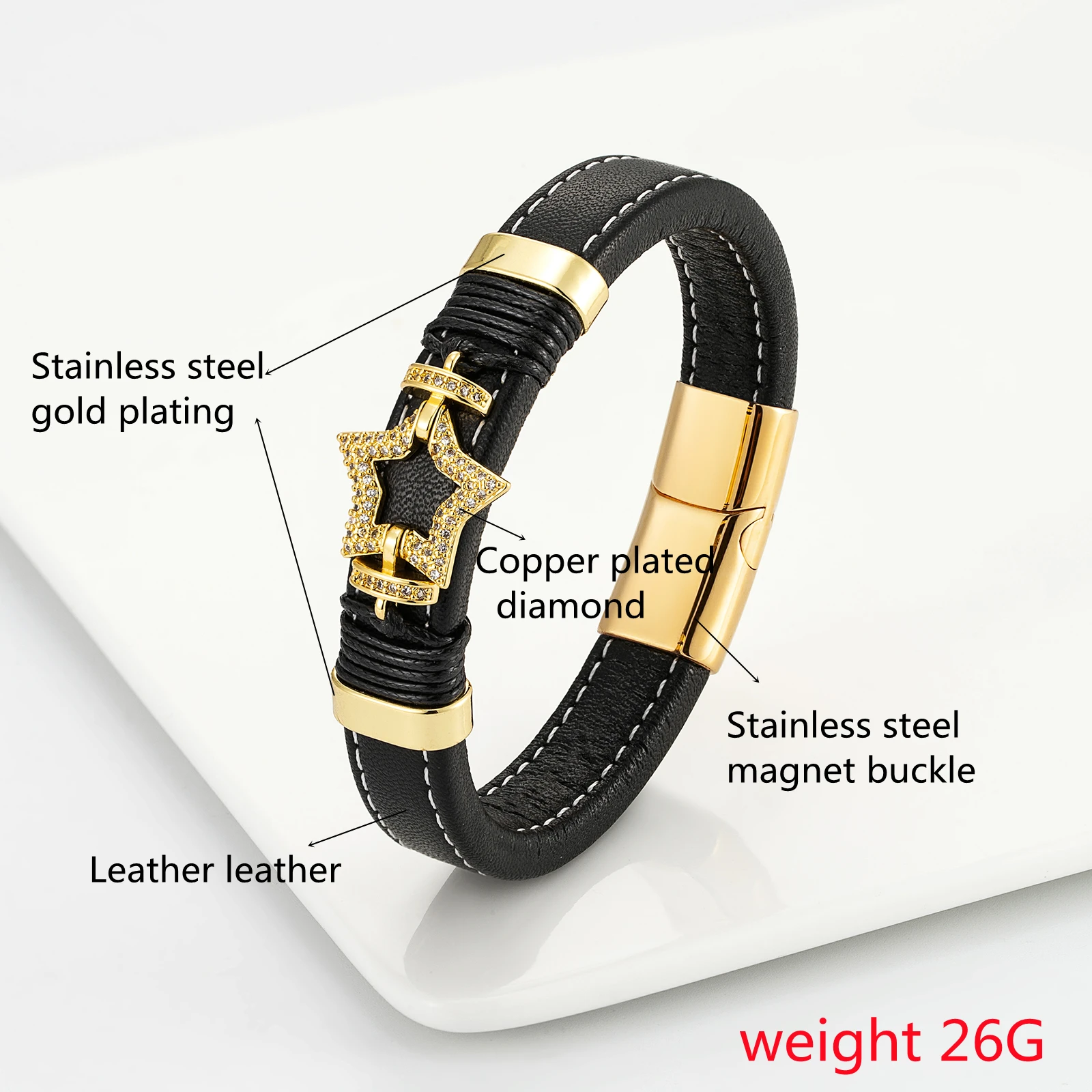 Браслет из нержавеющей стали с пятиконечными звездами и микро-алмазами |